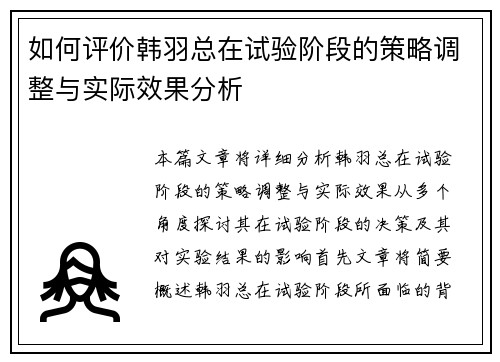 如何评价韩羽总在试验阶段的策略调整与实际效果分析