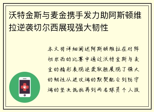 沃特金斯与麦金携手发力助阿斯顿维拉逆袭切尔西展现强大韧性